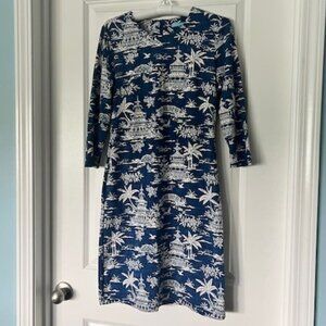 J. McLaughlin Sophia Tongsai palm print navy/tan/cream dress, size small.